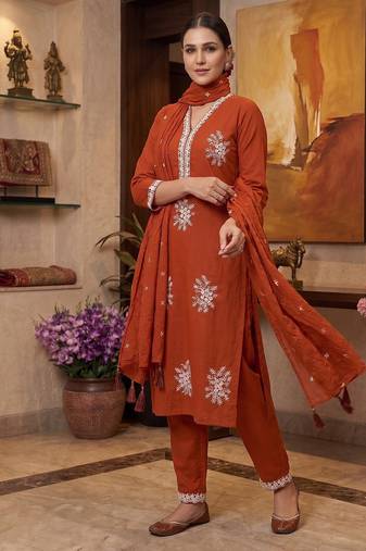 Vibrant orange embroidered kurti with pant and dupatta set