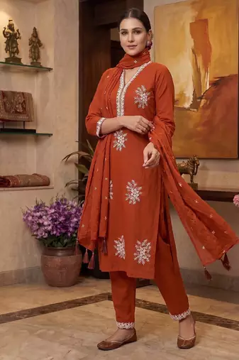 Vibrant orange embroidered kurti with pant and dupatta set