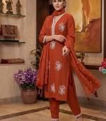 Vibrant orange embroidered kurti with pant and dupatta set