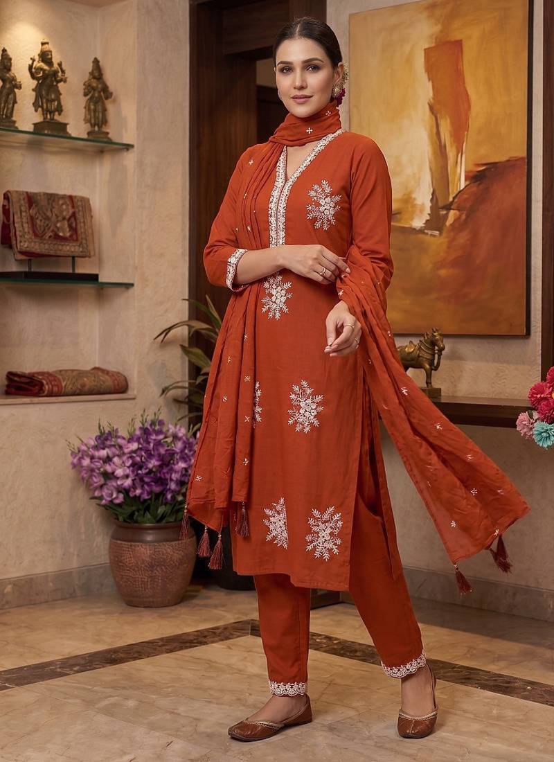Vibrant orange embroidered kurti with pant and dupatta set