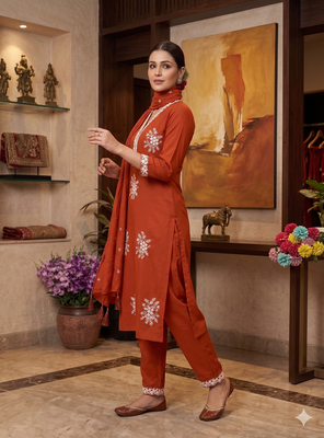 Vibrant orange embroidered kurti with pant and dupatta set 2