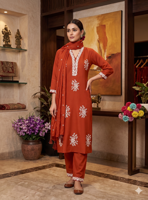 Vibrant orange embroidered kurti with pant and dupatta set 3
