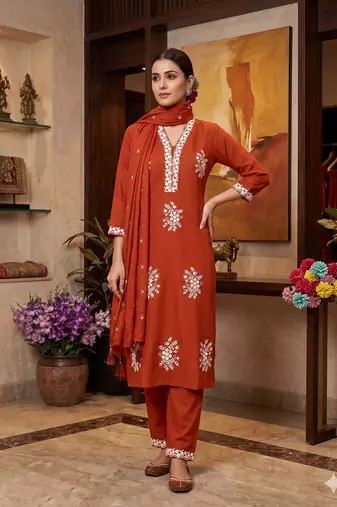 Vibrant orange embroidered kurti with pant and dupatta set