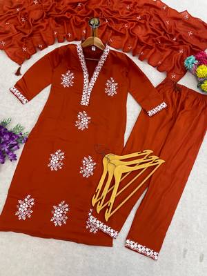 Vibrant orange embroidered kurti with pant and dupatta set 4