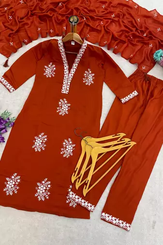Vibrant orange embroidered kurti with pant and dupatta set