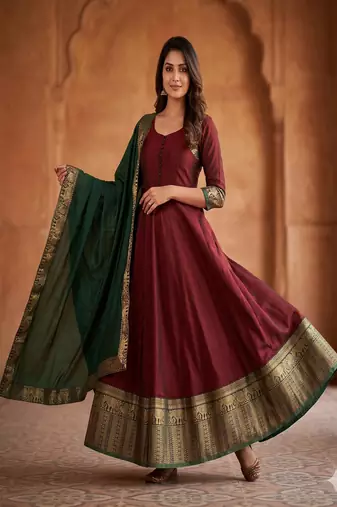 Royal maroon anarkali gown with zari border dupatta for women