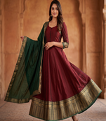 Royal maroon anarkali gown with zari border dupatta for women
