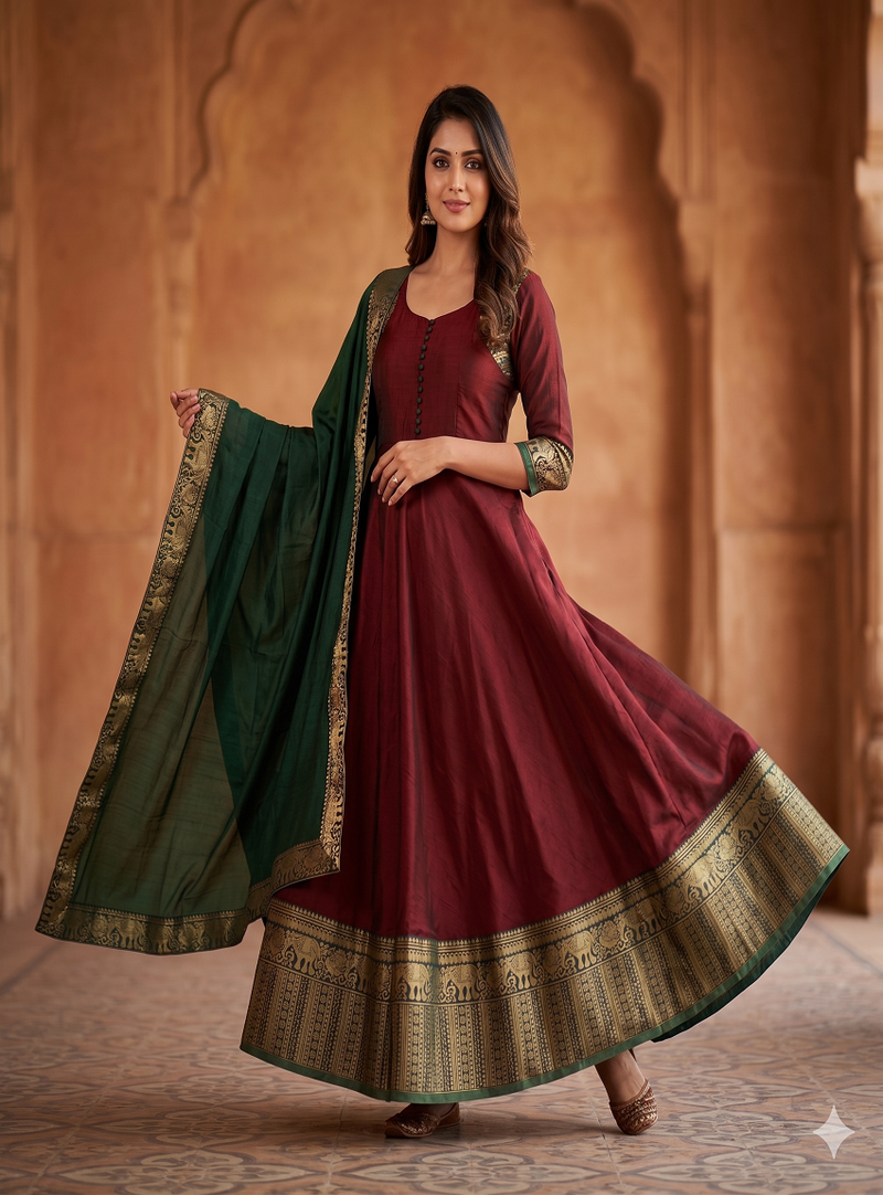Royal maroon anarkali gown with zari border dupatta for women