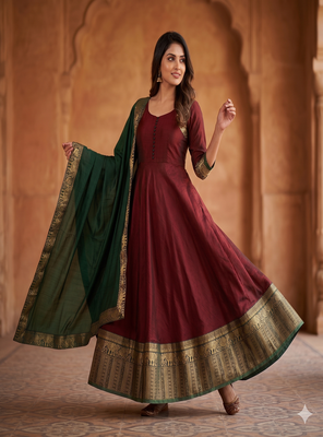Royal maroon anarkali gown with zari border dupatta for women 2