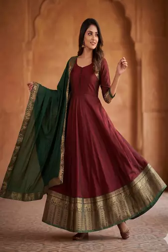 Royal maroon anarkali gown with zari border dupatta for women