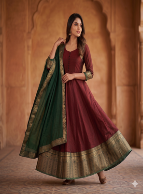 Royal maroon anarkali gown with zari border dupatta for women 3