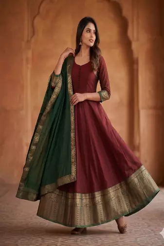Royal maroon anarkali gown with zari border dupatta for women