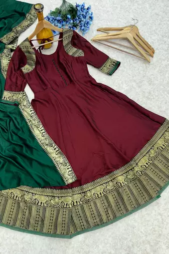 Royal maroon anarkali gown with zari border dupatta for women