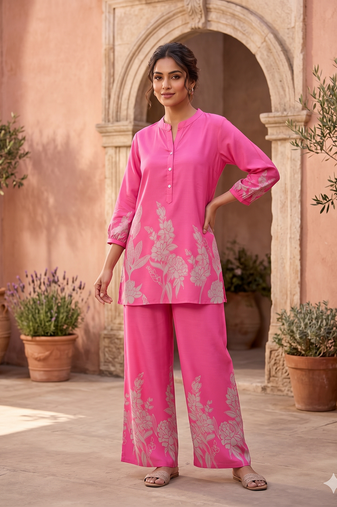  pink casual co-ord set with floral print