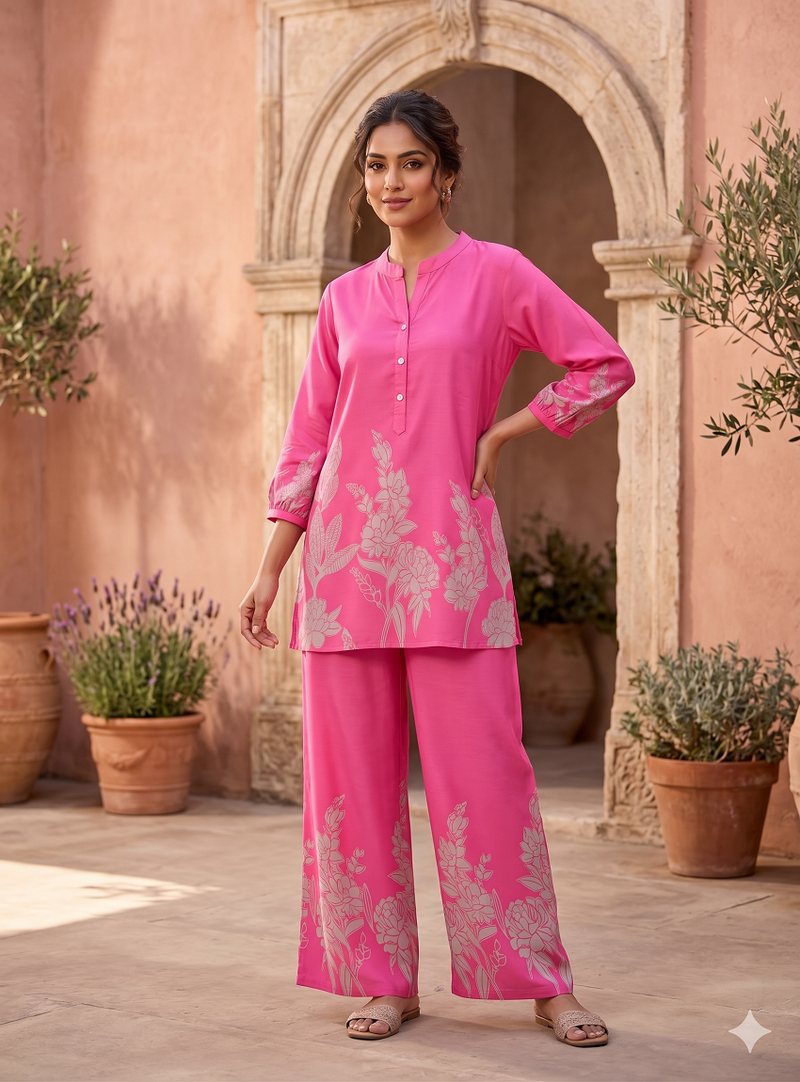  pink casual co-ord set with floral print