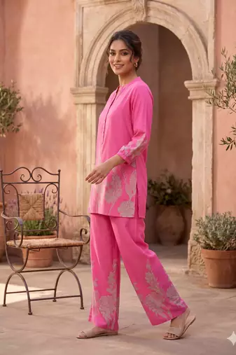  pink casual co-ord set with floral print
