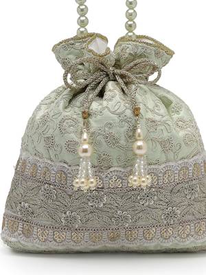  dangle mint green faux silk floral embroidered potli 7