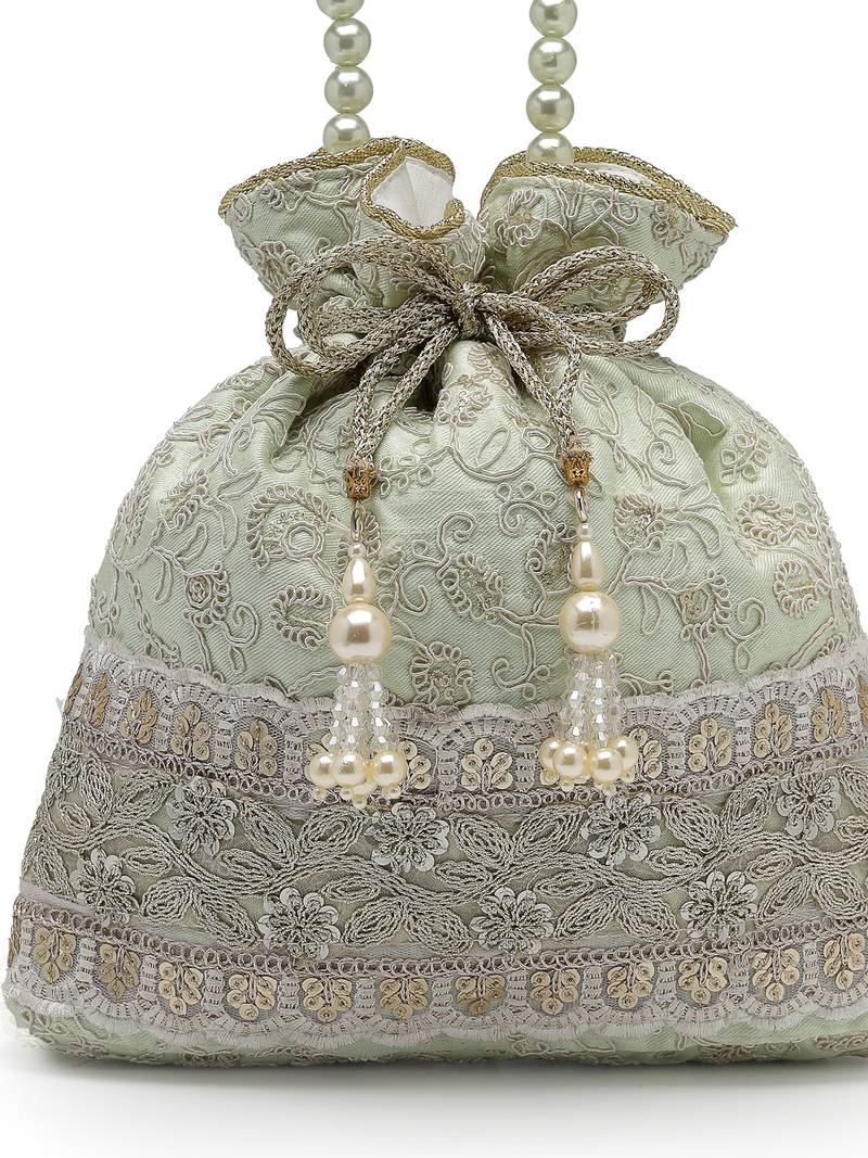  dangle mint green faux silk floral embroidered potli