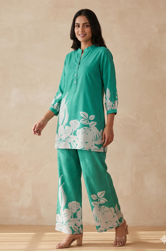  teal casual co-ord set with floral print