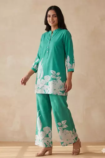  teal casual co-ord set with floral print