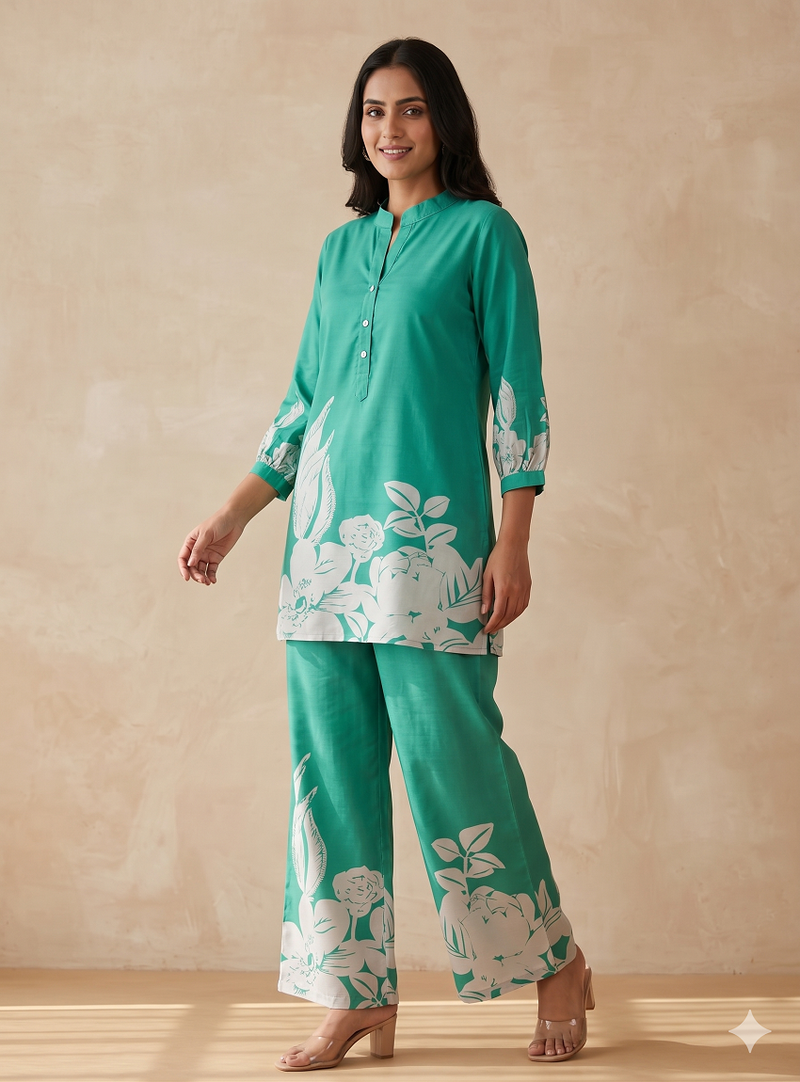  teal casual co-ord set with floral print