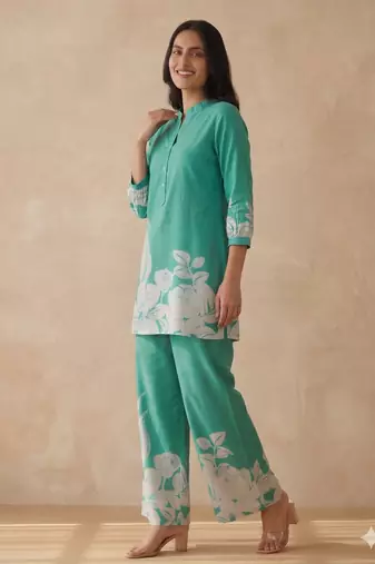  teal casual co-ord set with floral print