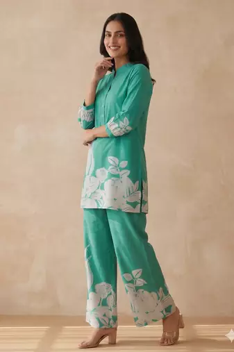  teal casual co-ord set with floral print