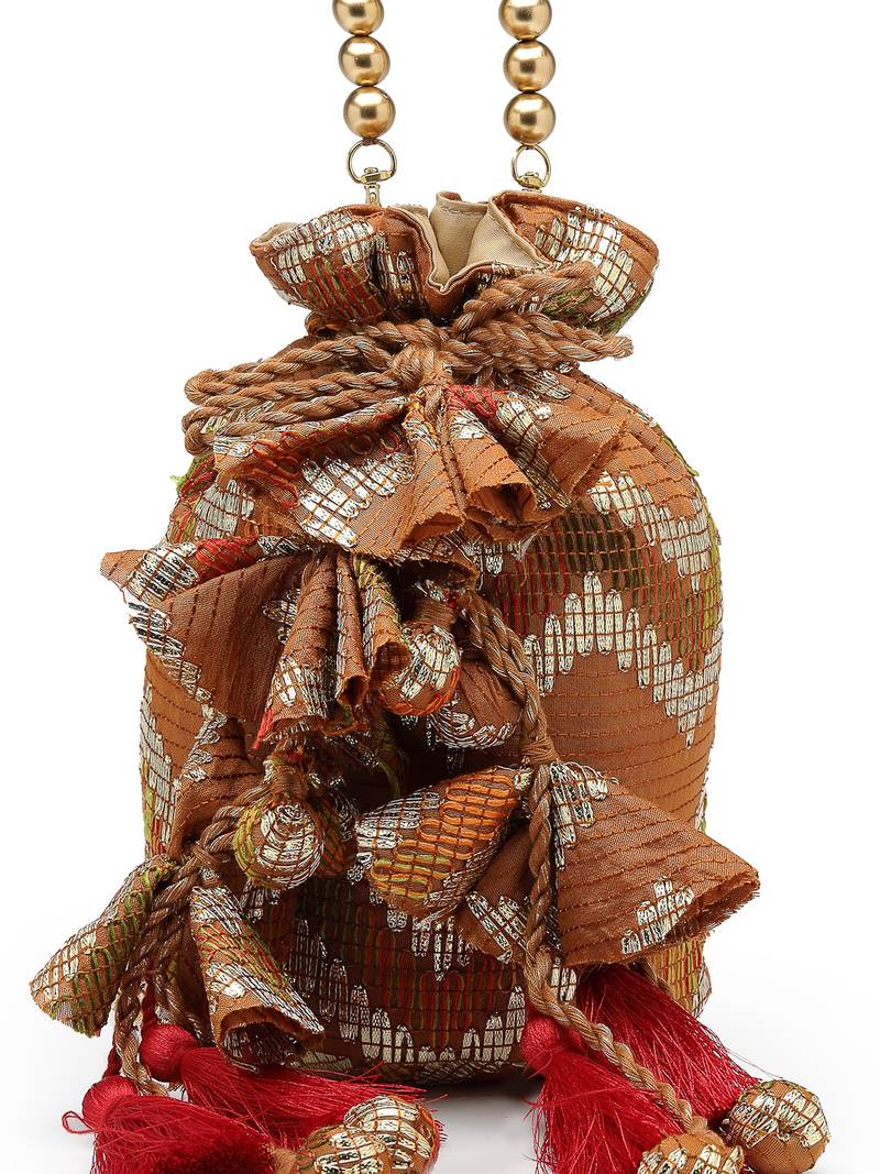  jashn edit rust brown faux silk chevron woven potli