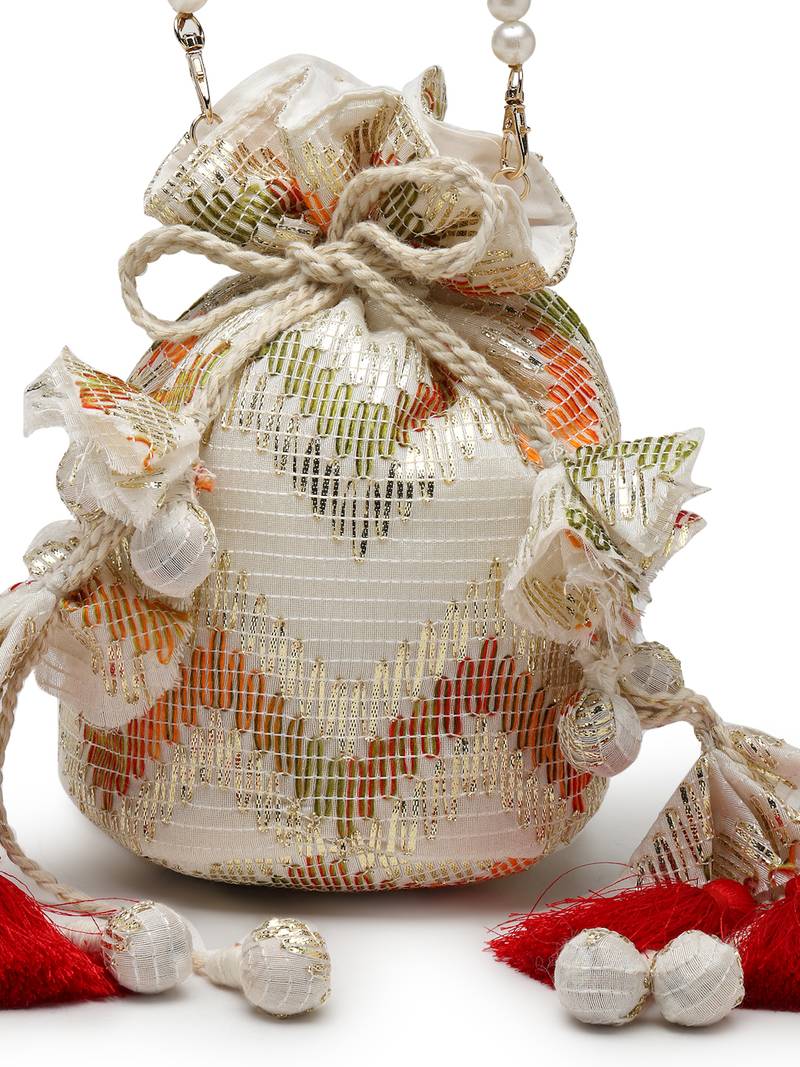  jashn edit ivory faux silk chevron woven potli