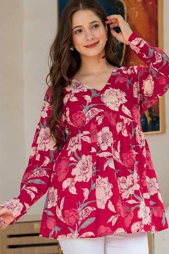 Red floral printed cotton tunic short kurti top for women