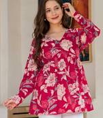 Red floral printed cotton tunic short kurti top for women