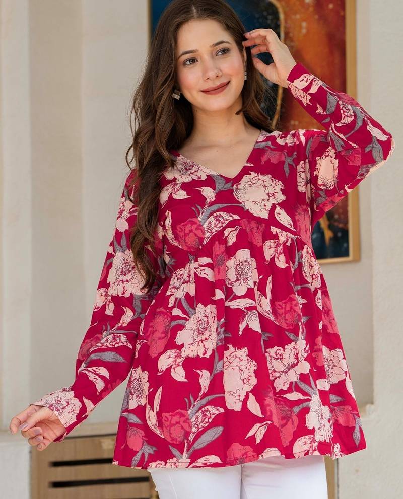 Red floral printed cotton tunic short kurti top for women