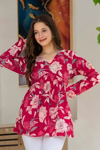 Red floral printed cotton tunic short kurti top for women
