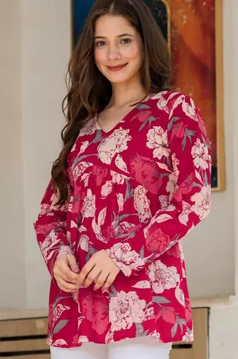 Red floral printed cotton tunic short kurti top for women