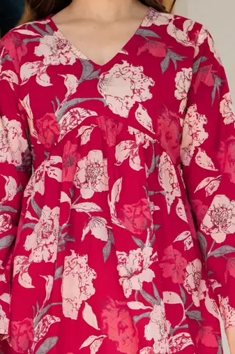 Red floral printed cotton tunic short kurti top for women