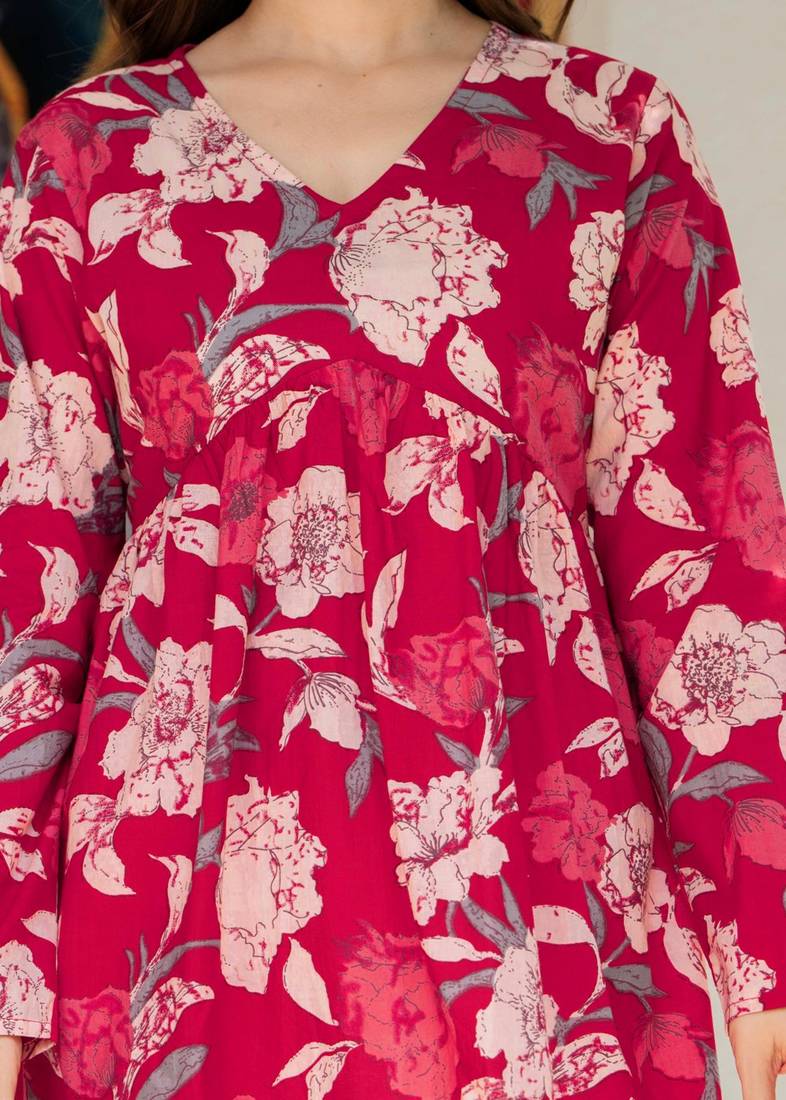 Red floral printed cotton tunic short kurti top for women