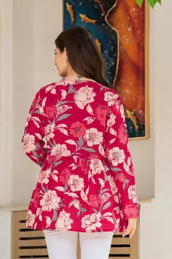 Red floral printed cotton tunic short kurti top for women