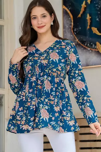 Blue floral printed cotton tunic short kurti top for women