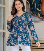 Blue floral printed cotton tunic short kurti top for women