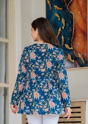 Blue floral printed cotton tunic short kurti top for women 2