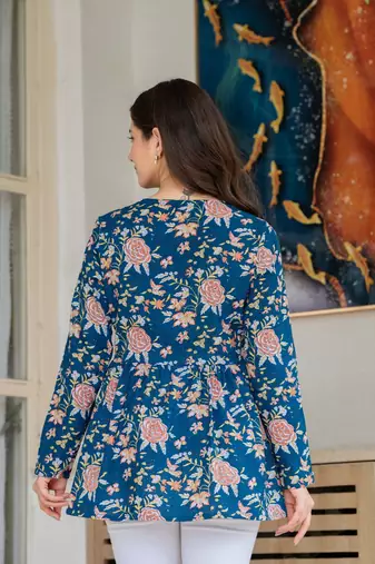 Blue floral printed cotton tunic short kurti top for women