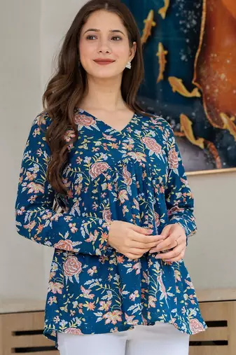 Blue floral printed cotton tunic short kurti top for women