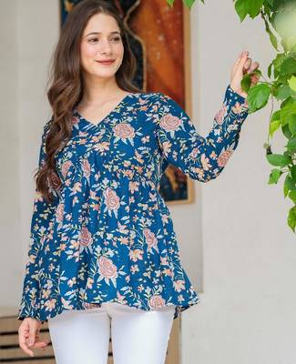 Blue floral printed cotton tunic short kurti top for women 4