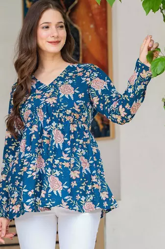 Blue floral printed cotton tunic short kurti top for women