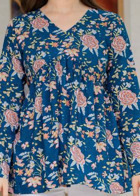 Blue floral printed cotton tunic short kurti top for women 5