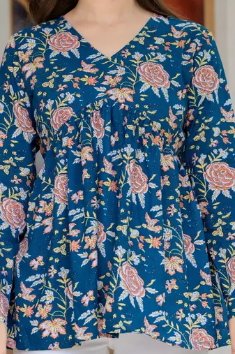 Blue floral printed cotton tunic short kurti top for women
