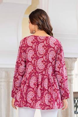 Maroon floral printed cotton tunic short kurti top for women 2