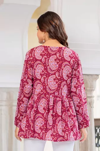 Maroon floral printed cotton tunic short kurti top for women