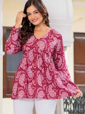 Maroon floral printed cotton tunic short kurti top for women 3