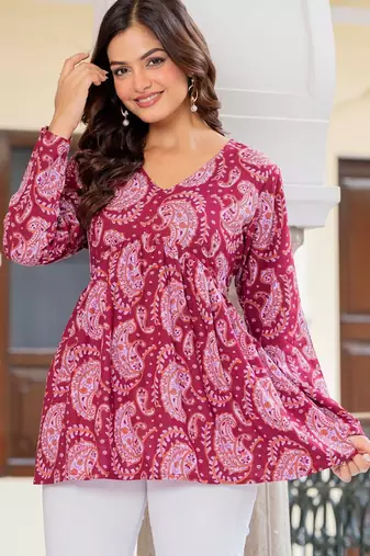 Maroon floral printed cotton tunic short kurti top for women